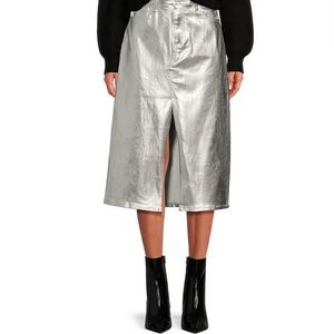 Every Metallic Coated Stretch Denim High Rise Front Split Hem Midi Pencil Skirt